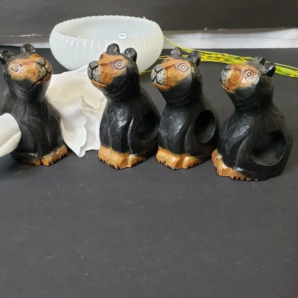Farmhouse Primitive Hand Carved Wooden Black Bear Napkin Holders Rings Set of 4